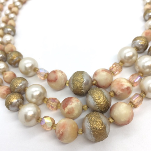 VINTAGE JAPAN 60s BEAD AB AURORA BOUREALIS MULTI LAYER COLLAR CHOKER NECKLACE - Picture 9 of 16